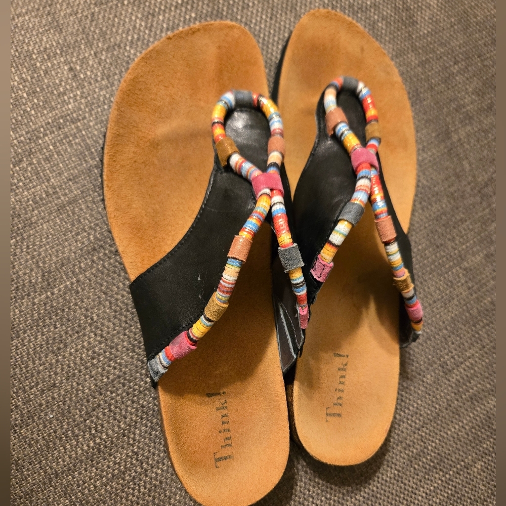 Think! Black Thong Sandal with Multicolor Beaded Straps